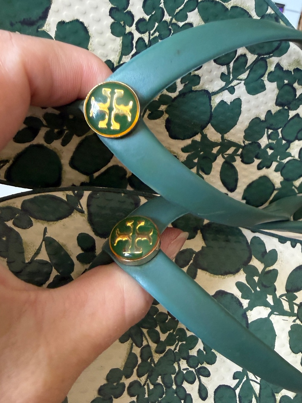 Tory Burch Green Floral Logo Thong Sandals with 1in wedge heel - Picture 8 of 10